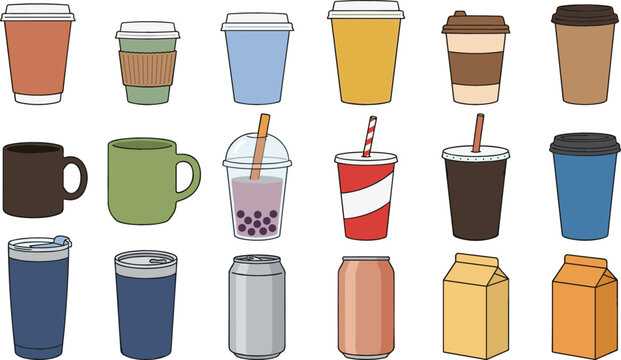 Takeaway drink container vector set featuring coffee cups, soda cups, reusable mugs, bubble tea and beverage packaging in flat style