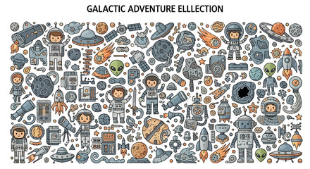 An array of spacethemed vector doodles including astronauts planets rockets and aliens on a white background © Faisal