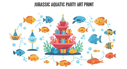 Fototapeta premium An illustration titled JURASSIC AQUATIC PARTY ART PRINT featuring a tiered coral cake stand with gifts surrounded by various colorful cartoon fish some wearing party hats amidst floating bubbles