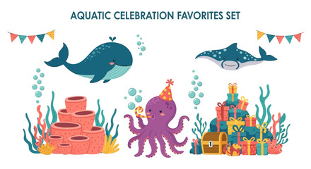 Aquatic celebration set featuring a whale ray and partyhatwearing octopus with coral gifts and a treasure chest © Faisal