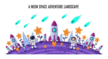 Cartoon astronauts explore a purple planet surface adorned with rocket ships starshaped flowers and falling comets © Faisal