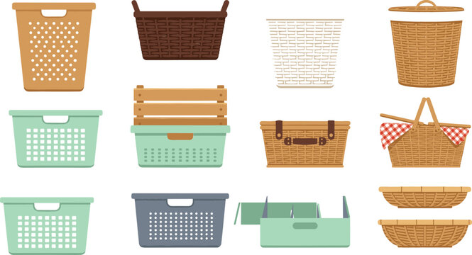 Wicker basket and storage container vector collection featuring laundry baskets, picnic hampers and woven household organizers in flat illustration style