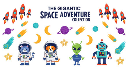 Cartoon spacethemed graphic elements including rockets planets stars comets astronauts an alien and a robot © Faisal