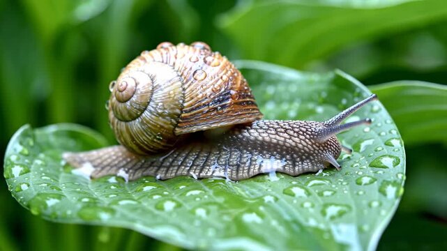Garden Snail Moving Slowly Across a Wet Green Hosta Leaf with Water Drops