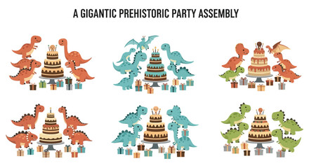 Six clusters of cartoon dinosaurs celebrating with tiered cakes and gift boxes arranged on a white background © Faisal