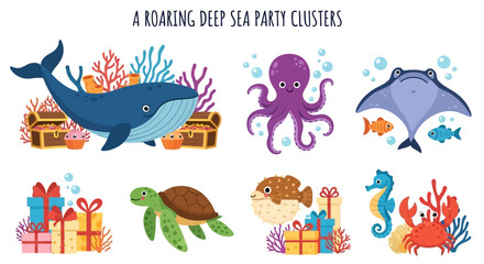 Illustration of stylized sea creatures and underwater party items on a white background © Faisal