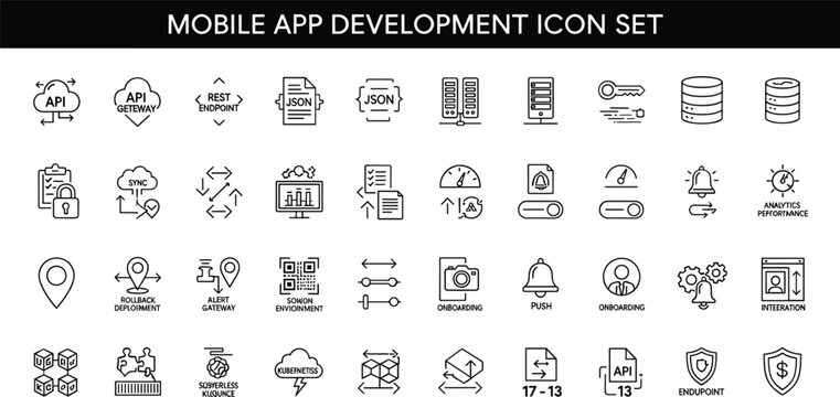 Mobile app development API gateway REST JSON cloud server analytics security endpoint interface programming dashboard technology outline vector icon set