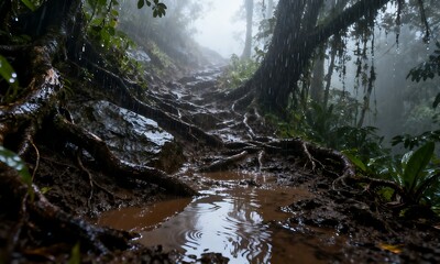 Obraz premium Rainy Day Hike Through a Lush Tropical Rainforest Trail with Exposed Tree Roots and Muddy Puddles