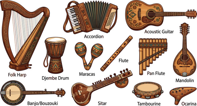 Traditional Ornate Folk Musical Instruments Vector Icon Set with Harp Acoustic Guitar Accordion Sitar and Banjo for World Music Designs