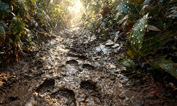 A challenging muddy path winds through a dense, sun-dappled forest, revealing clear footprints leading towards a bright, distant clearing, symbolizing a journey through wild, untouched nature