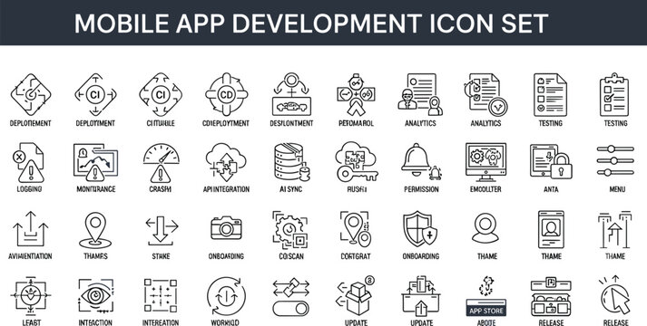 Mobile app development deployment analytics monitoring testing integration dashboard interface programming synchronization workflow technology outline vector icon set