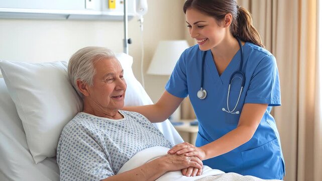 Registered nurse comforting senior patient in hospital bed. Healthcare professional providing emotional support during medical recovery. Panning camera movement.