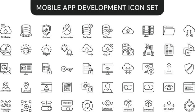 Mobile app development firebase database cloud storage monitoring synchronization analytics interface programming dashboard technology outline vector icon set