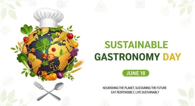 Sustainable Gastronomy Day Poster with Earth and Food Elements