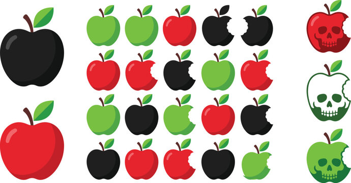 Collection of apple icons in various colors, bitten states, and spooky skull designs flat vector illustration set