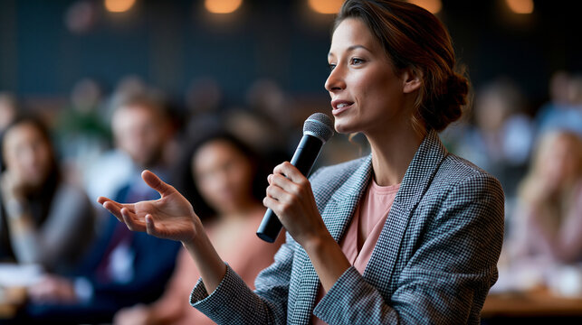 Woman public speaker confidently holding a microphone and gesturing expressively to an audience during a professional presentation or corporate seminar, her assured communication style