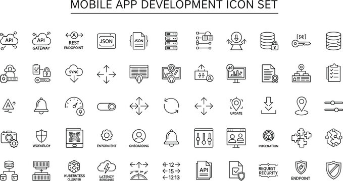 Mobile app development API JSON REST cloud database security analytics interface programming dashboard endpoint technology outline vector icon set
