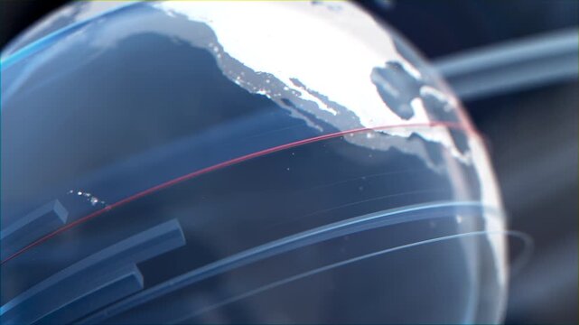 Rotating 3d Planet Earth Globe Animation With Glowing Blue Orbital Rings Spinning Around Continents, Designed as a Sleek Broadcast Template Visual for News Intros, Title Sequences, and Media Branding.