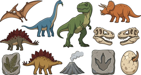 Collection of dinosaur vector illustrations featuring Tyrannosaurus rex, Triceratops, Stegosaurus, fossils, dinosaur eggs and prehistoric Jurassic elements © Mst