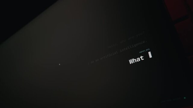 Glowing text types an introduction from an artificial intelligence program on a dark monitor interface. Concept of modern machine learning, human computer interaction, and cybernetics.