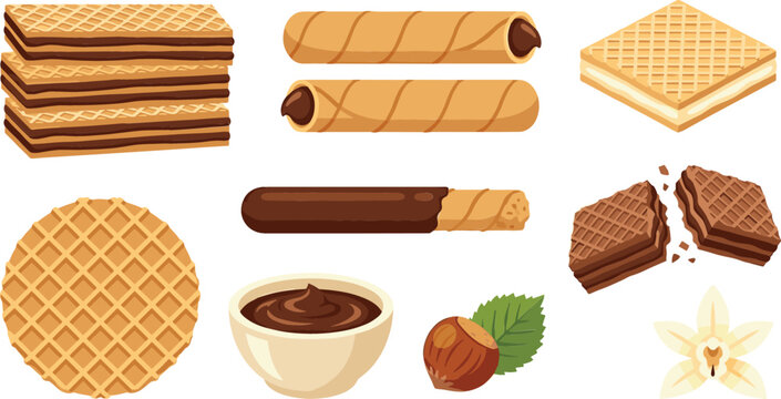 Collection of wafer biscuit and chocolate dessert vector illustrations featuring crispy wafers, cream rolls, hazelnuts and sweet snack treats