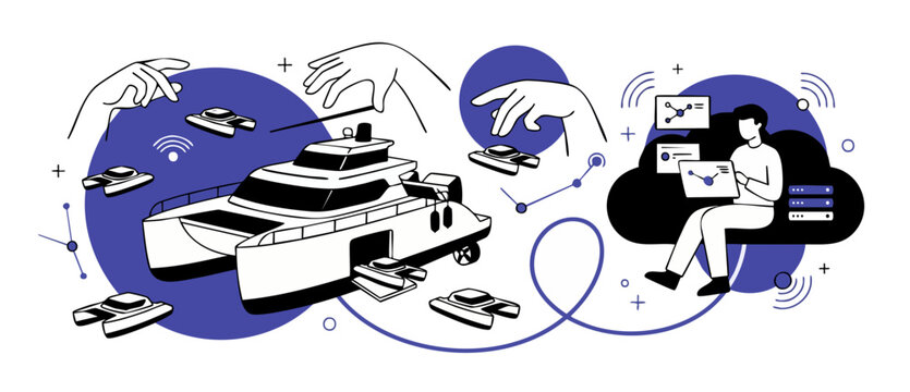 Autonomous vessel fleet remote control and marine drone transport management vector illustration. Officer operating unmanned catamaran boats with digital cloud server network and data interface.