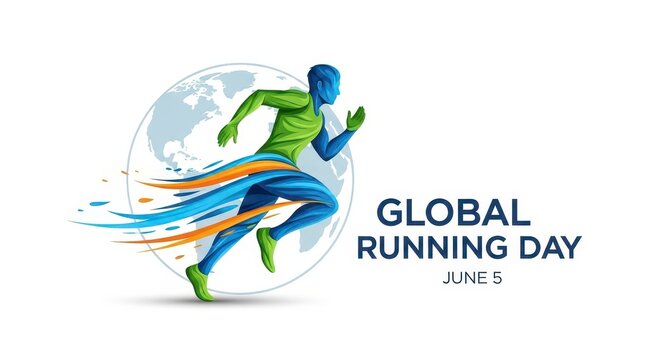 Runner sprinting on vibrant abstract background for global running event celebration