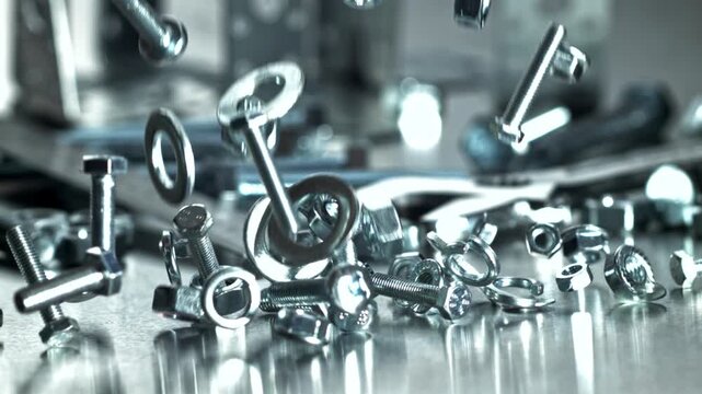 Closeup assorted screws nuts and washers scattering on reflective Filmed on a high-speed camera at 1000 fps.
