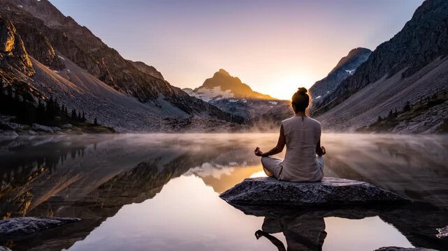 Woman Meditating Serenely on a Flat Rock in a Tranquil Mountain Lake at Sunrise with Mist