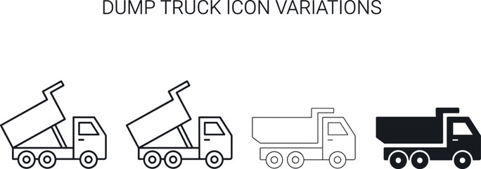 Dump Truck Icon Variations Set in Outline and Solid Styles for Construction and Transportation Design Projects © Jesika!
