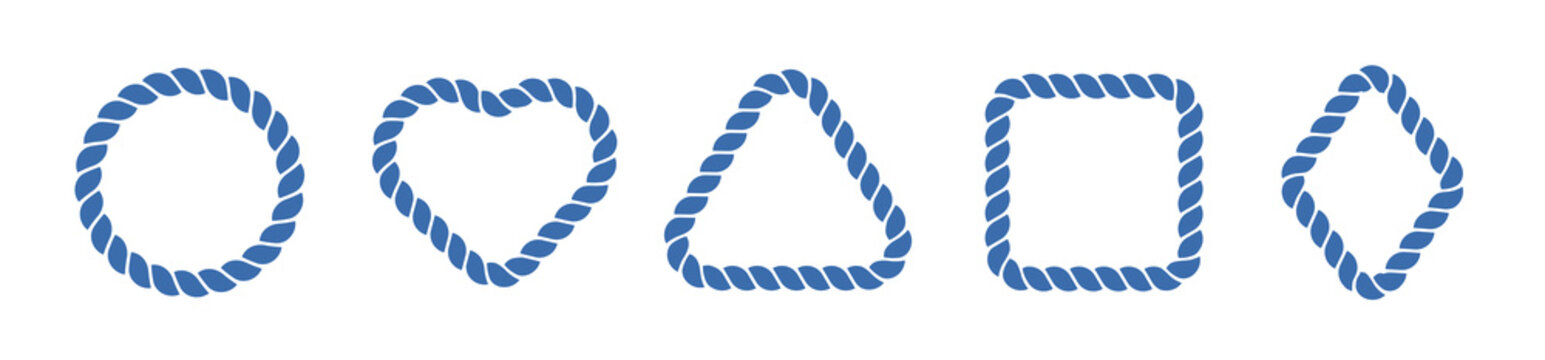 Rope frame border set isolated on white bg. Cartoon  square, oval and heart shape in sea sailor theme, nautical rope collection, flat vector illustration. Blue marine loop and cord frames.	