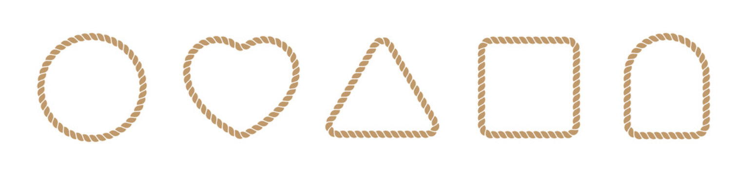 Cartoon rope border frame isolated set, beige circle, triangle, square and arc shape in sea sailor theme, nautical rope collection, flat vector illustration. Brown marine loop and cord frames.