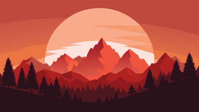 Vibrant mountain range at sunset with pine forest silhouette and vast sun against warm gradient sky vector illustration