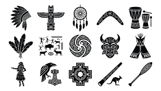 Set of tribal and indigenous cultural symbols featuring totems masks feathers and traditional artifacts in a clean minimalist vector style
