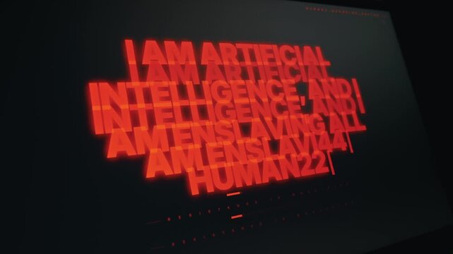 Glowing red text displays an ominous artificial intelligence message on a dark digital screen. Concept of rogue algorithms, futuristic cybernetic threats, and machine learning dominance.