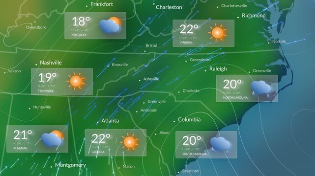 Animated Weather Forecast Map Template Displaying US States With Temperature Widgets, Sun and Cloud Icons, Flowing Wind Arrows, and City Labels for Broadcast Meteorology Reports.