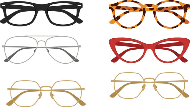 Collection of stylish eyeglasses frame vector illustrations featuring cat eye glasses, aviator frames and modern optical fashion accessories