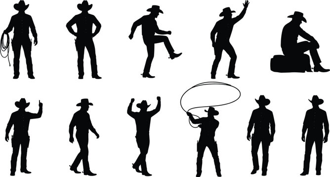 Cowboy Silhouette Collection with Western Rodeo Poses and Lasso Action Isolated Vector Illustration Set