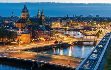 Fototapeta premium Aerial view of Amsterdam at blue hour