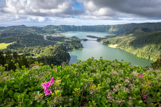 Aerial view of Sete Cidades Crater Lakes, Sao Miguel Island, Azores, Portugal