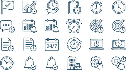 Fototapeta premium Time Management and Business Productivity Line Icon Set Featuring Calendar Clock Deadline Reminder and Workflow Symbols