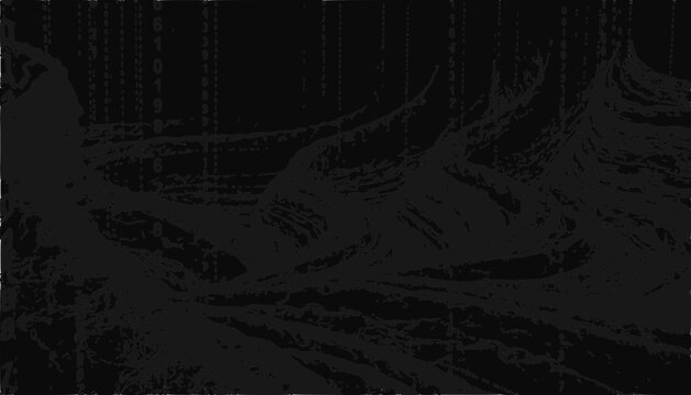 Dark Abstract Digital Landscape with Binary Code Overlay