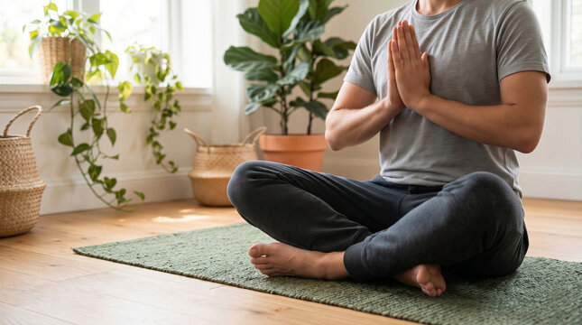 Man meditating with hands in prayer on a green yoga mat at home. Mindfulness, wellness, zen, and peaceful healthy lifestyle concept with plants