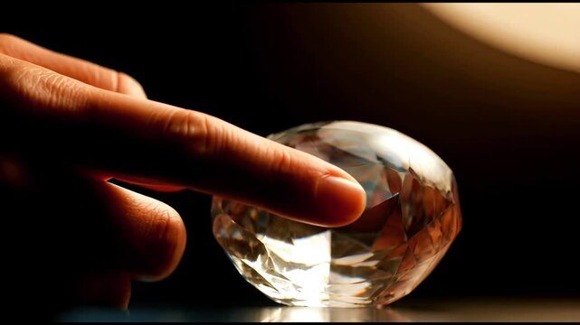 Hand holding a faceted crystal gemstone reflecting light and brilliance close up macro shot of luxury gem