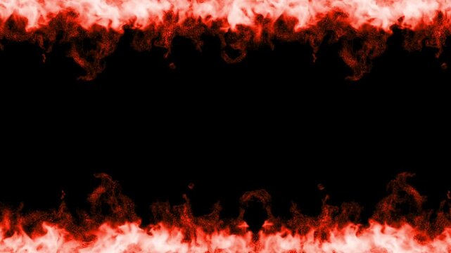 赤い炎がメラメラと燃え続けるアニメーション。リアルな火の映像背景。上下を火に囲まれたフレーム