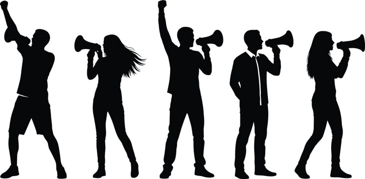 People with Megaphone Silhouette Collection for Protest Campaign Announcement and Public Speaking Vector Illustration Set