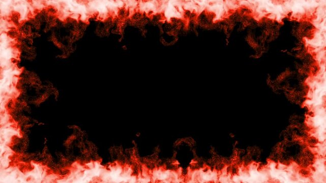 赤い炎がメラメラと燃え続けるアニメーション。リアルな火の映像背景。上下左右を火に囲まれたフレーム