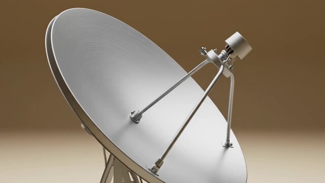 Silver Satellite Dish Antenna with Central Receiver Unit on Solid Warm Beige Background