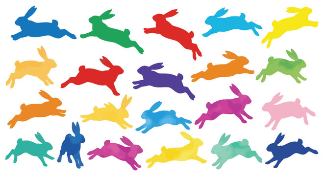 Colorful rabbit silhouettes arranged in a repeating pattern on a white background
