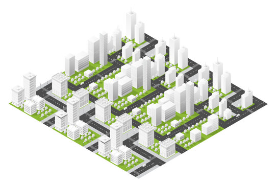 Isometric city landscape developing urban planning infrastructure layout